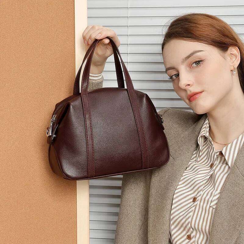 Women's 2025 New Fashion Simple Design Genuine Leather First Layer Cowhide Single Shoulder Boston Pillow Bag Hand Bag 2898