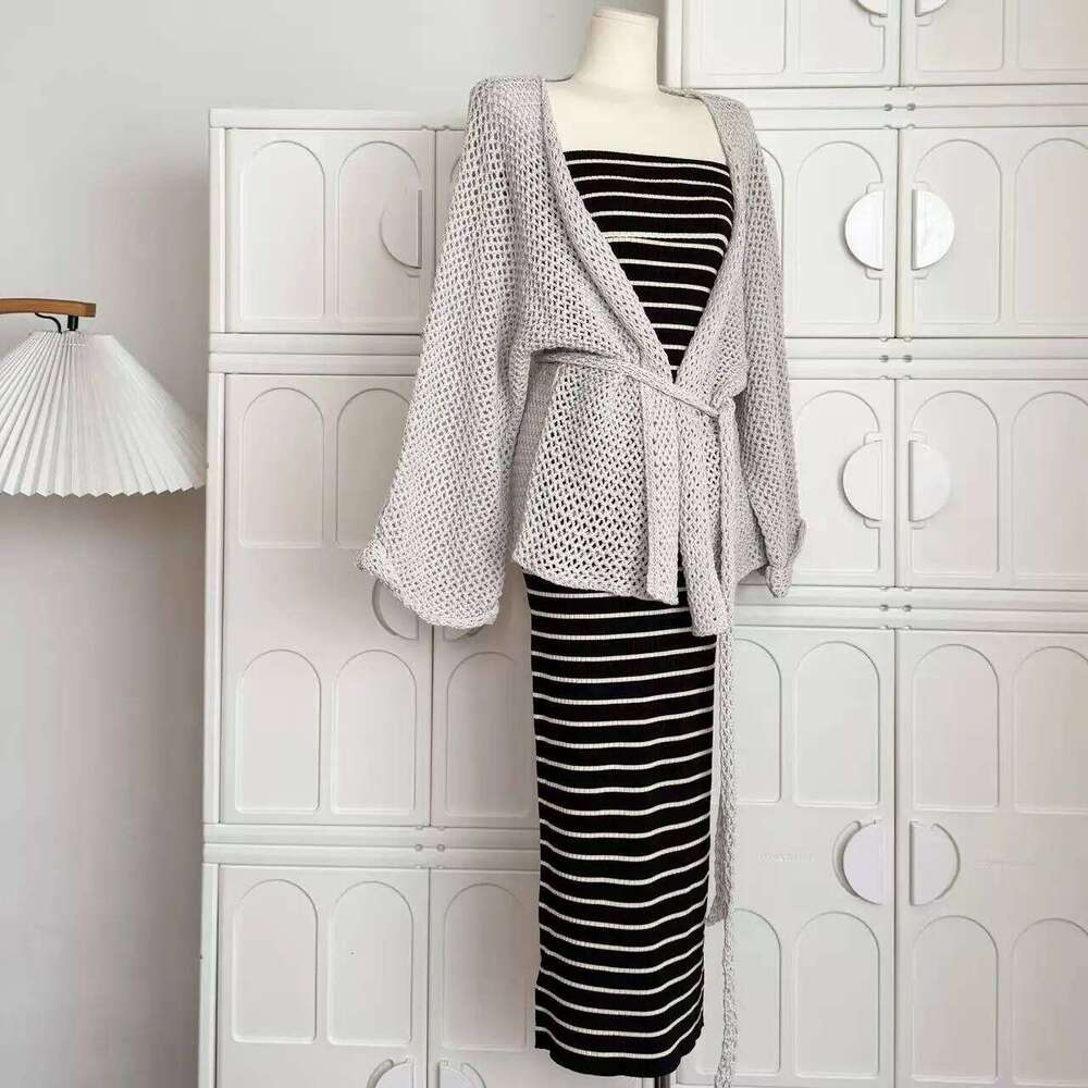 Hollow Lace-up Bathrobe Jacket Knitted Open Cardigan for Women Autumn Solid Fashion Sweater Coat Loose