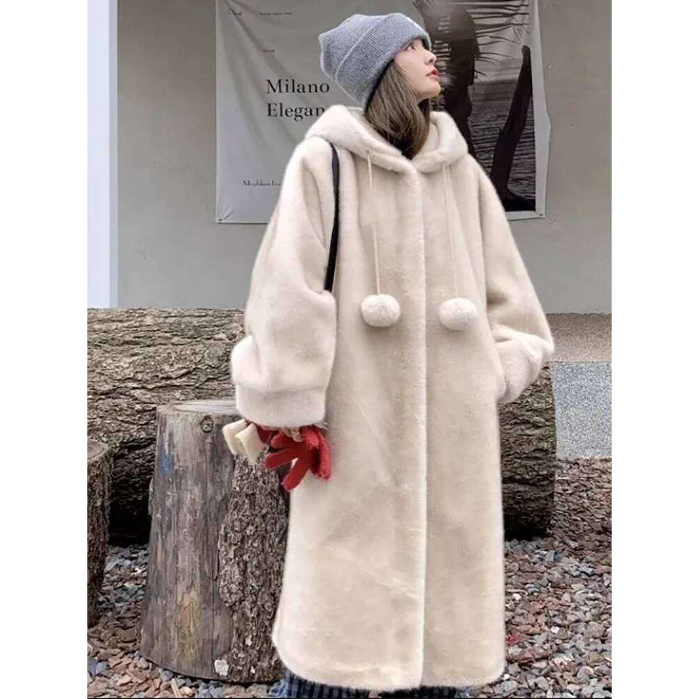 Fall Winter Hooded Mink Plush Jacket Women Overcoat Loose Long Wool Imitation Fur Eco-Friendly Thick Warm Parker Coat