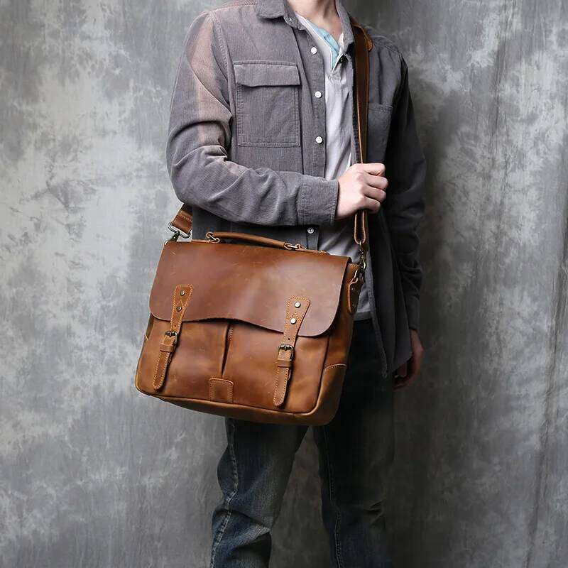 British Retro Crazy Horse Handbag Men's Messenger Bag Large-Capacity Postman Computer Baotou Leather Briefcase
