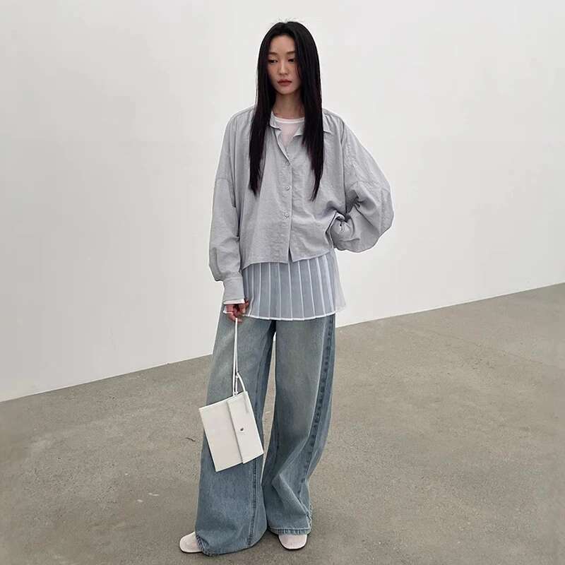 DEAT Fashion Blue Linen Irregular Sunscreen Shirt Women's Lapel Loose Fit Single Breasted Long Sleeves Short Blouse New 7Ab9147