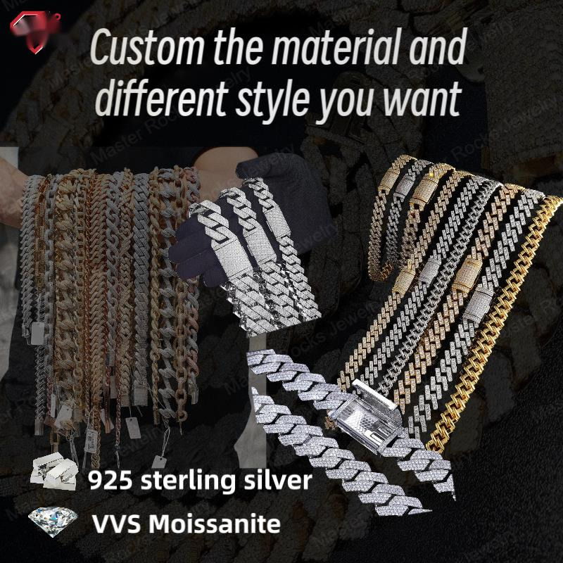 OACOCA Custom Cuban Chain Plain 15mm S925 Silver 10k 14k 18k Solid Gold Hiphop Moissanite Clasp Cuban Link Chain