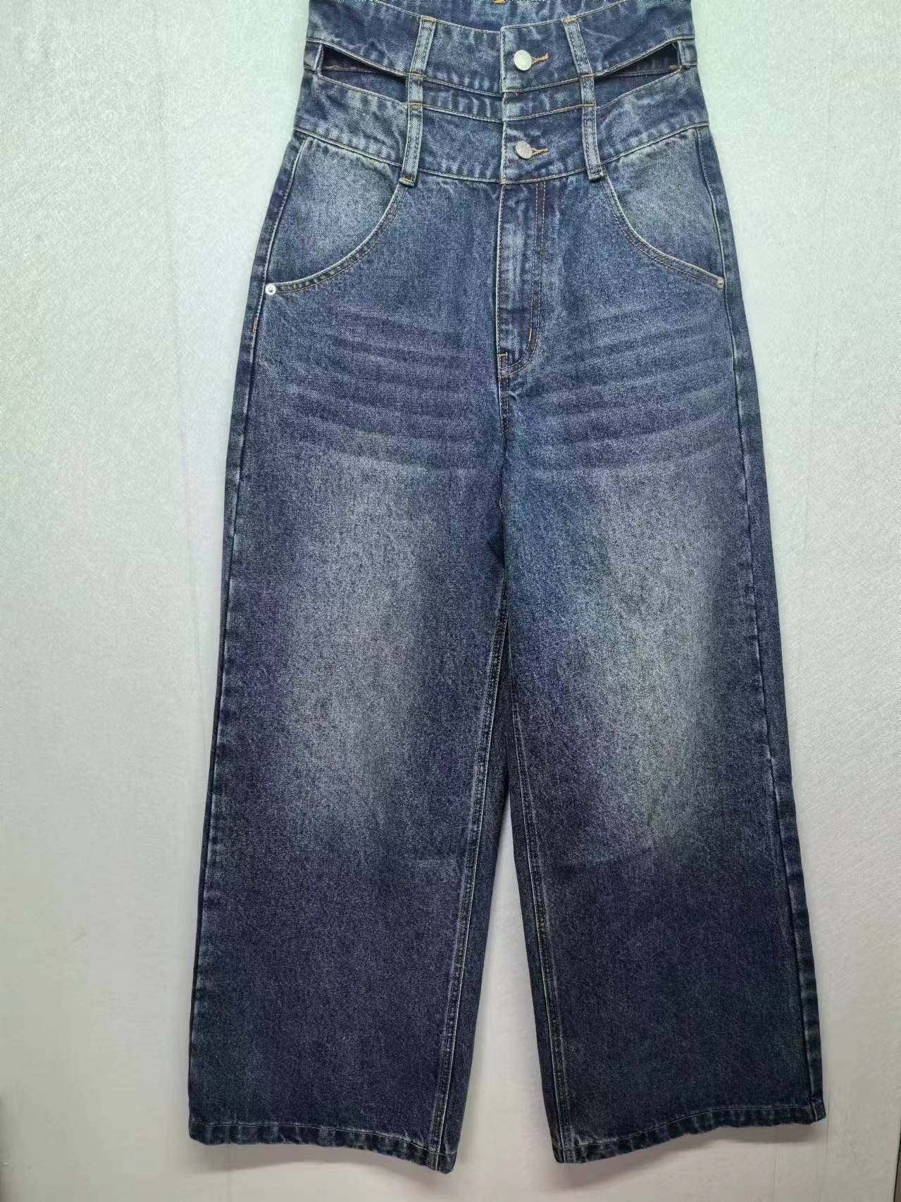 Cubic double button high waist wide leg jeans factory customized wholesale 40162