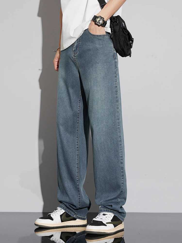 Summer Ultra-thin Lyocell Mens Jeans Soft Drape Loose Comfortable Wide-leg Ice Silk Pants Retro Elastic Casual Trousers M250610