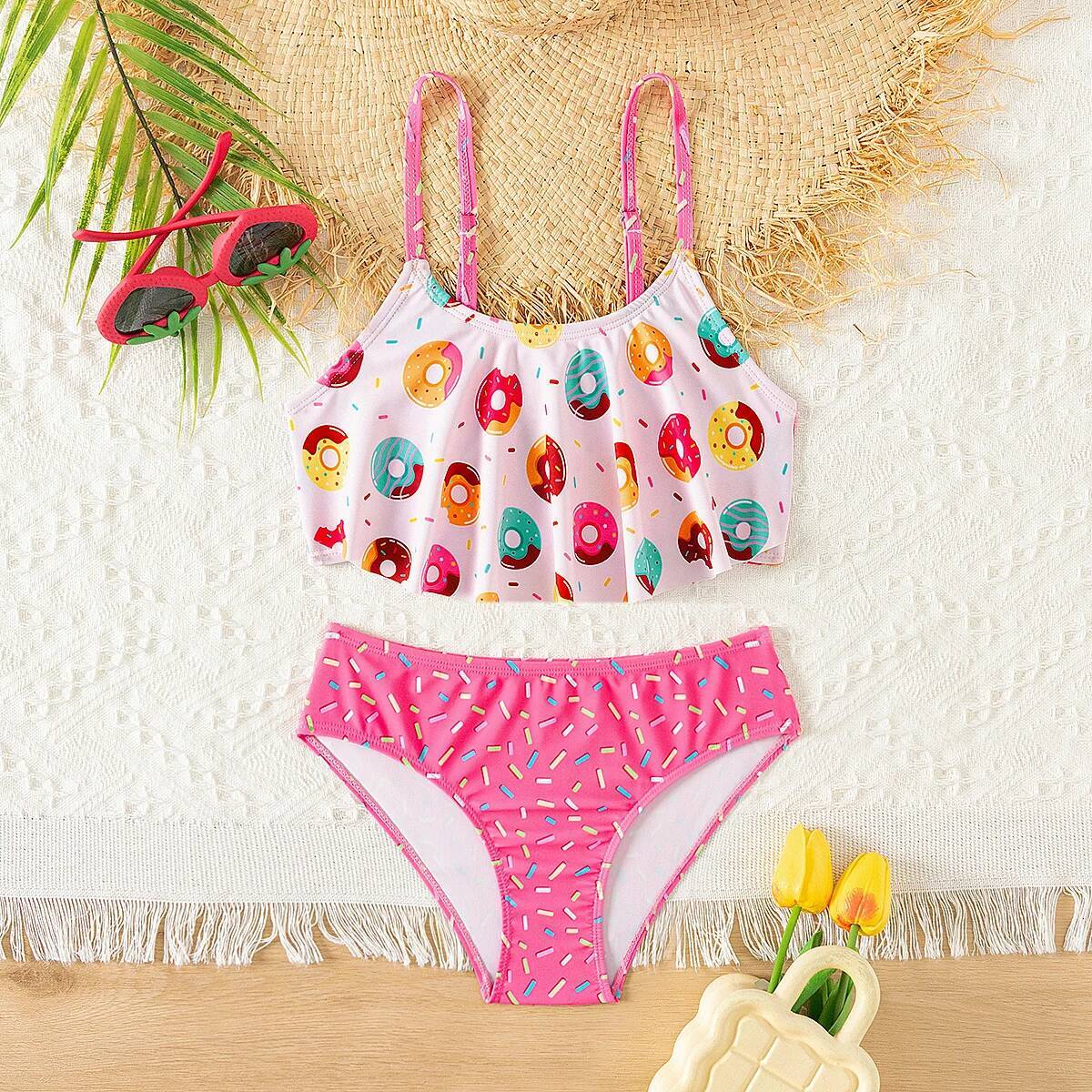 Donut Print Ruffle Deco Bikini Set Summer Beach Outdoor Cute 2-piece swimwear Contrast Adjustable Girls Kids Swimsuit