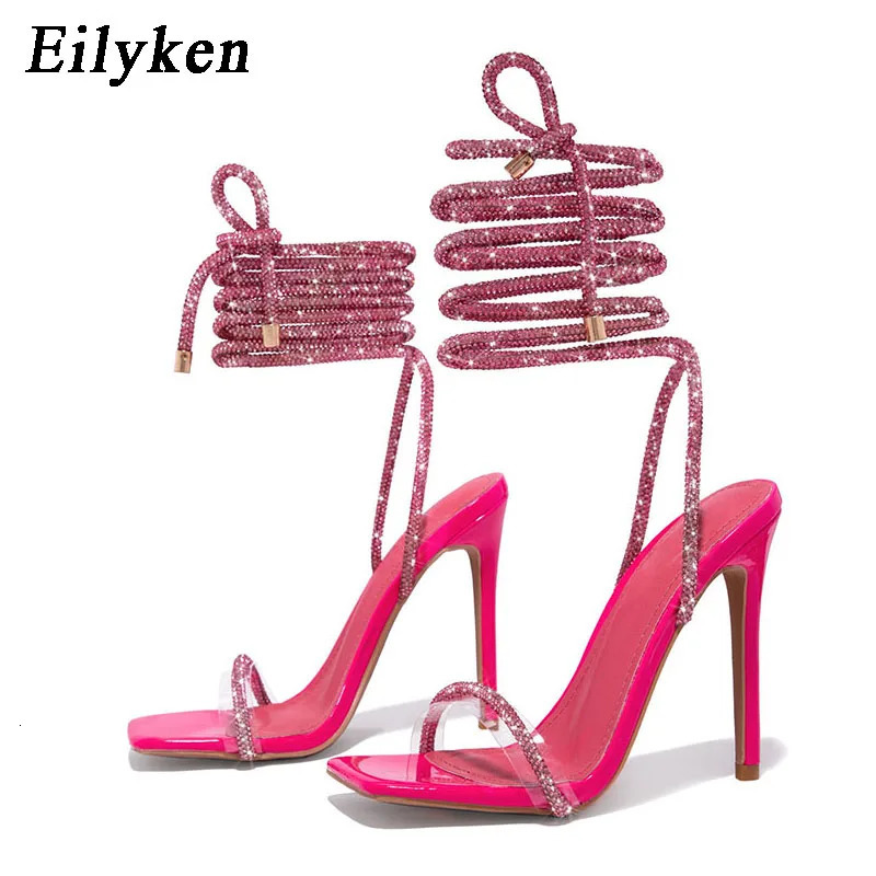 Eilyken Transparent Crystal Rhinestone Women Sandals Ankle Lace-up Square Toe Wedding Party High Heels Female Shoes 250610