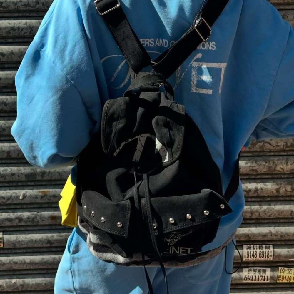 Korean Niche Brand Deinet D Letter Large Drawstring Pocket Rivet Canvas Backpack for Women