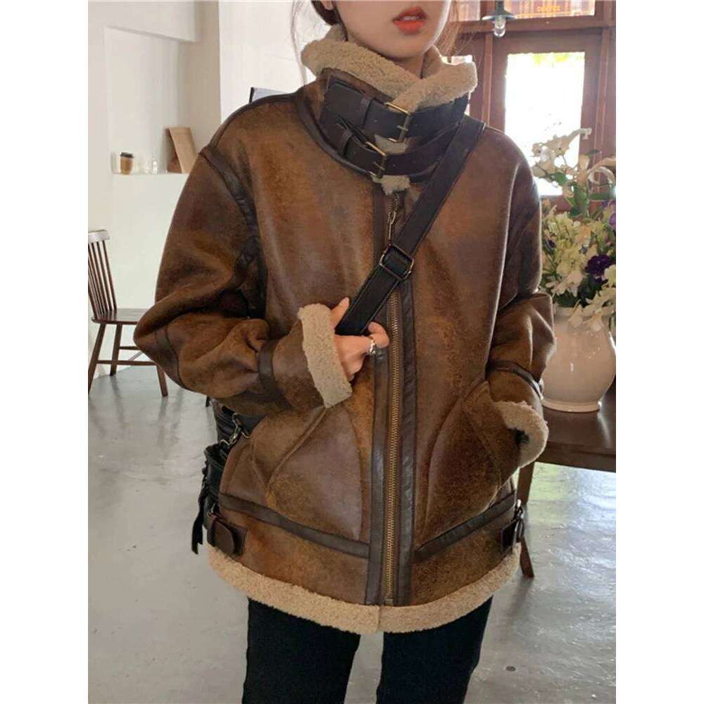 LANMREM Vintage Lamb Fur Winter Coat Women Belt Spliced Collar Design Zipper Slim Warm Jackets Fashion 2024 New Clothing 2VV112