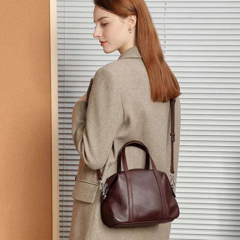 Women's 2025 New Fashion Simple Design Genuine Leather First Layer Cowhide Single Shoulder Boston Pillow Bag Hand Bag 2898