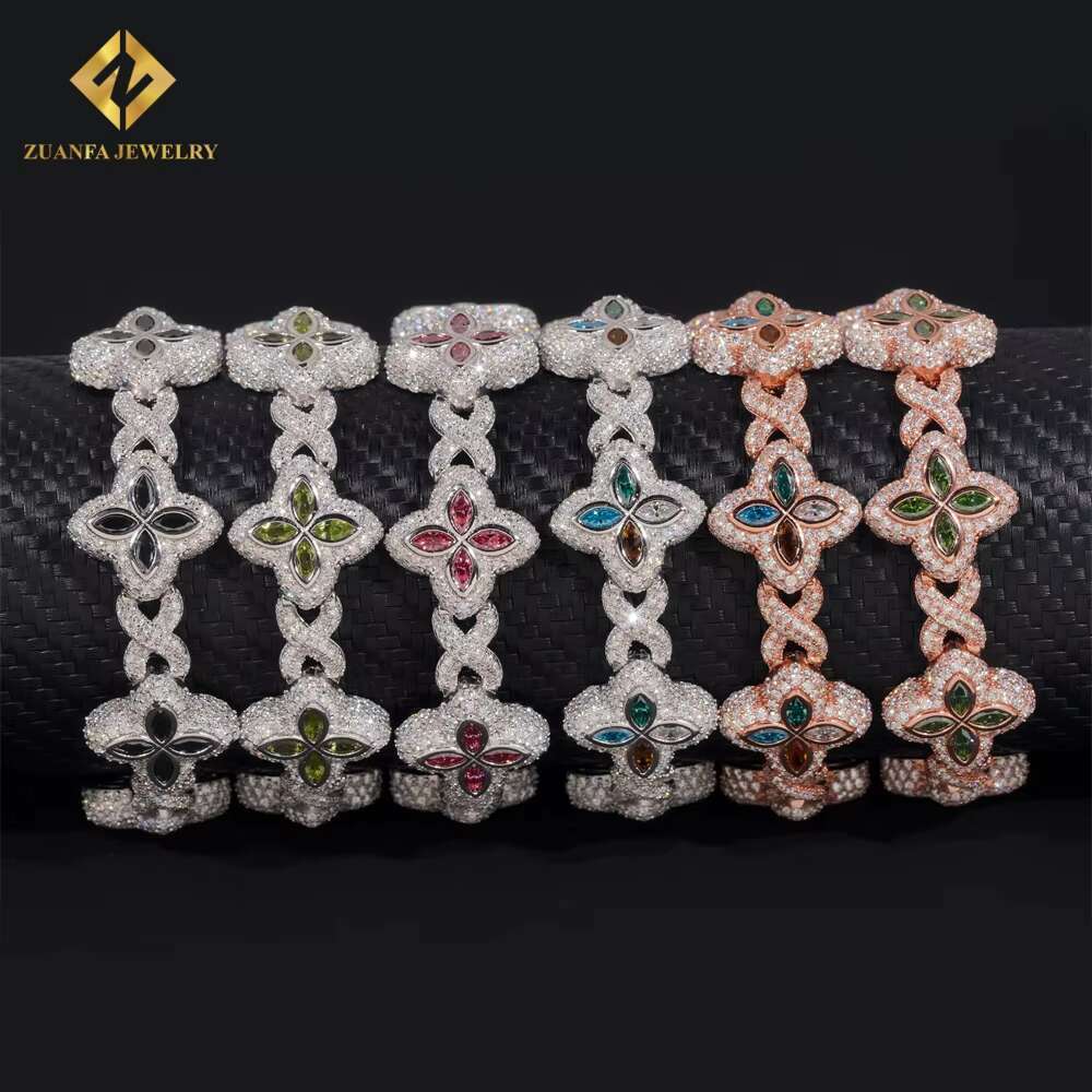 18mm High Quality Multi Color Marquise Diamond 925 Silver Jewelry Iced Out VVS Moissanite Lucky Four Leaf Clover Cuban Bracelet