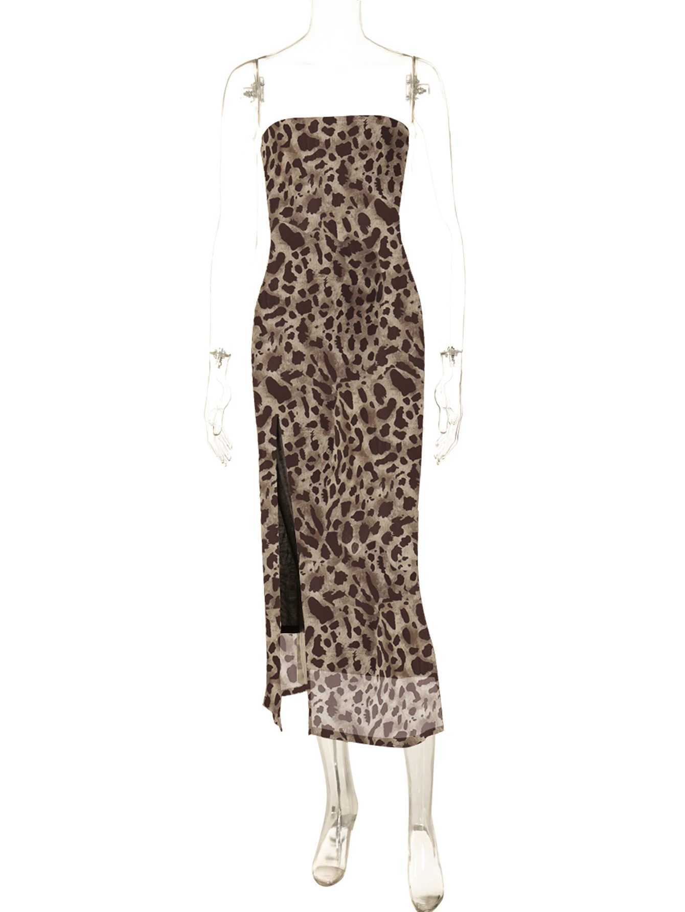 Hugcitar Women Fashion Leopard Print Strapless Slit Sexy Bodycon Midi Dress Summer Y2K Outfits Beach Vacation Club Sundress XJ250610