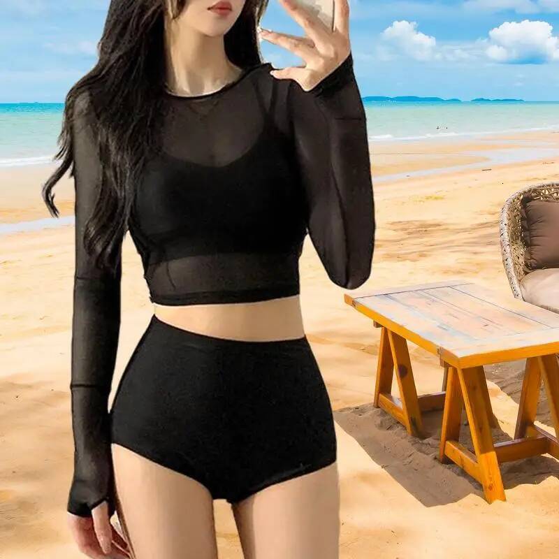 Sets Women 3Pcs Soft Swimsuits Bikini Set With Sun Protection Blouse Elastic Comfort Polyester Swimwear For Honeymoon