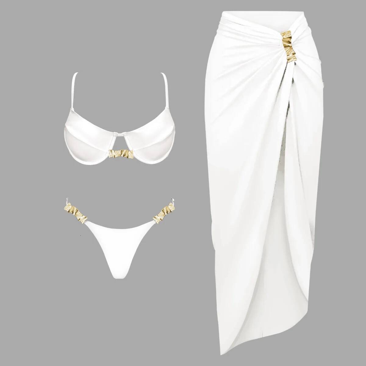 3Pc Push Bikini With Cover Up Women Sexy Swimsuit Female Swimwear Bandeau Biquini Shiny Button Bathingsuit Bodysuit Beachwear