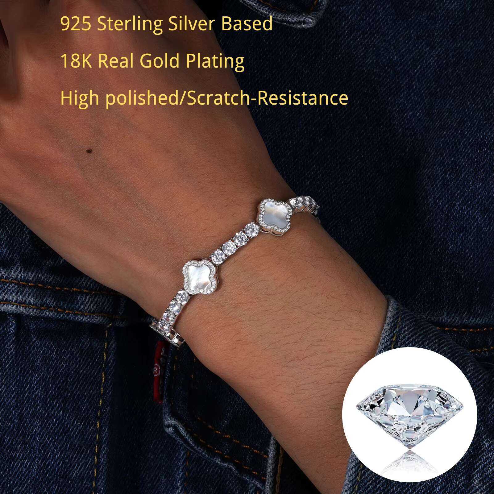 Hot Selling VVS D Moissanite 925 Silver Hip Hop Bangle Jewelry New Design Clover Bracelet Charming Elegant Luxury Bracelet