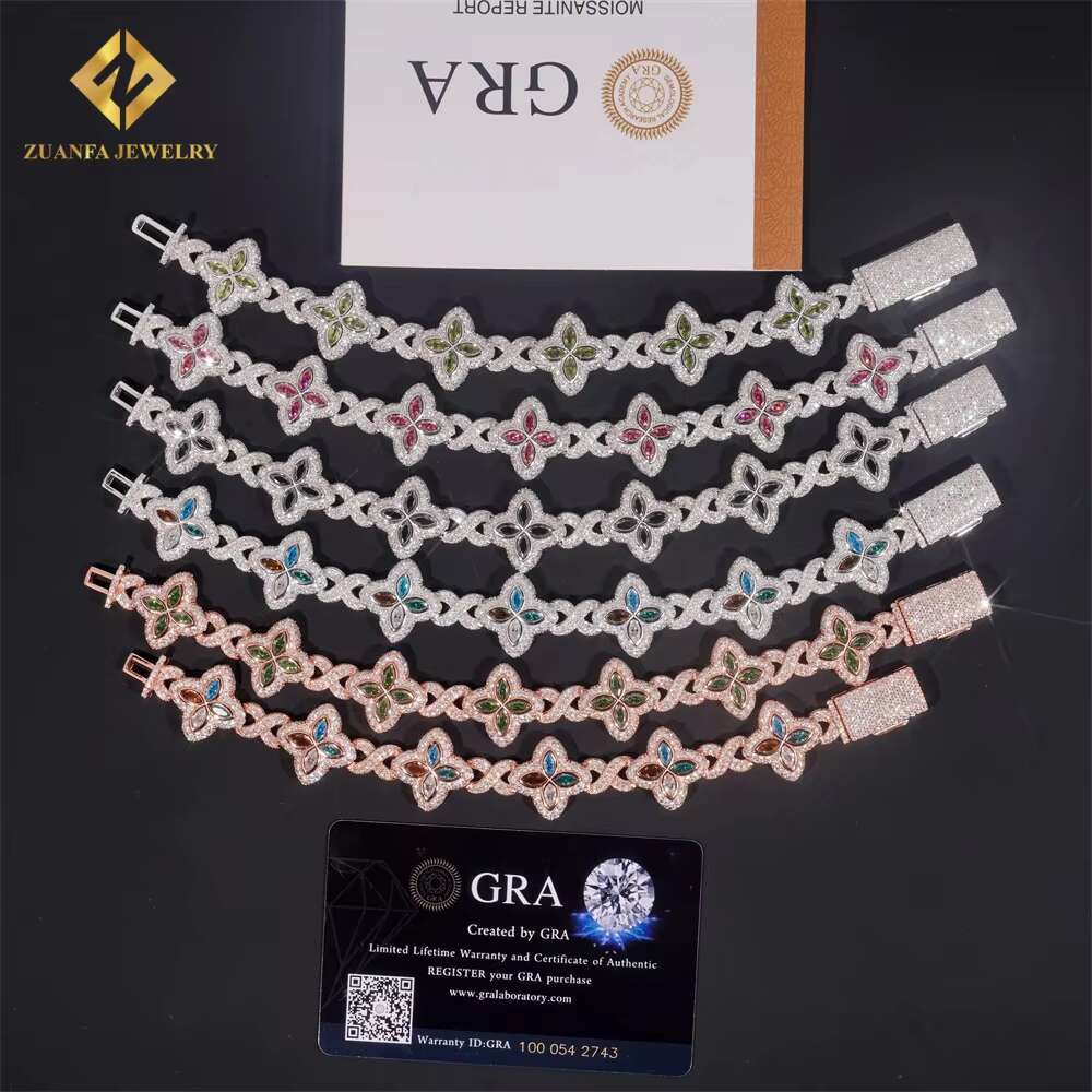 18mm High Quality Multi Color Marquise Diamond 925 Silver Jewelry Iced Out VVS Moissanite Lucky Four Leaf Clover Cuban Bracelet