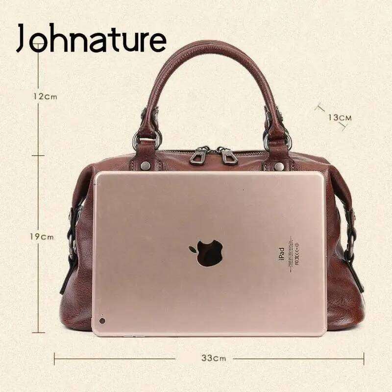 Johnature Genuine Leather Casual Tote 2025 New Vintage Large Capacity Women Bag Soft Real Cowhide Business Handbag Shoulder Bags