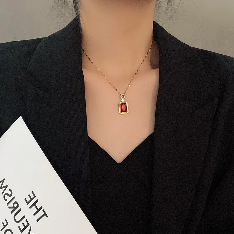 DIEYURO 316L Stainless Steel Square Green Red Zircon Pendant Necklace For Women Classic Girls Jewelry Chain Birthday Gift 250609