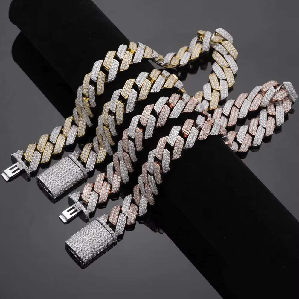 OACOCA Solid Silver 925 Prong Cuban Link Necklace 9mm 12mm 15mm 20mm Pass Diamond Tester Two Toned Cuban Real Moissanite Chain