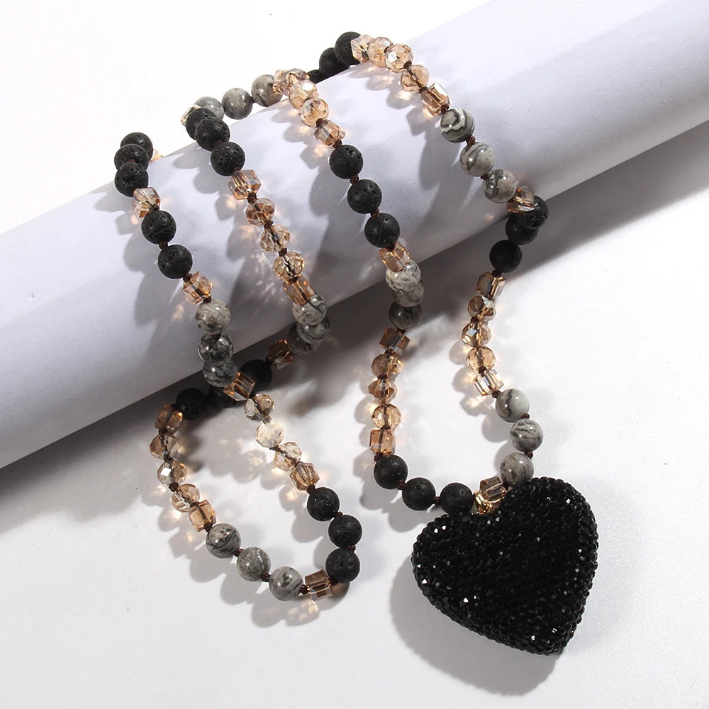 Fashion Bohemian Jewelry 8mm Natural Stone Crystal Glass Long Knotted Necklace Crystal Heart Pendant Necklace For WomenGift 250604