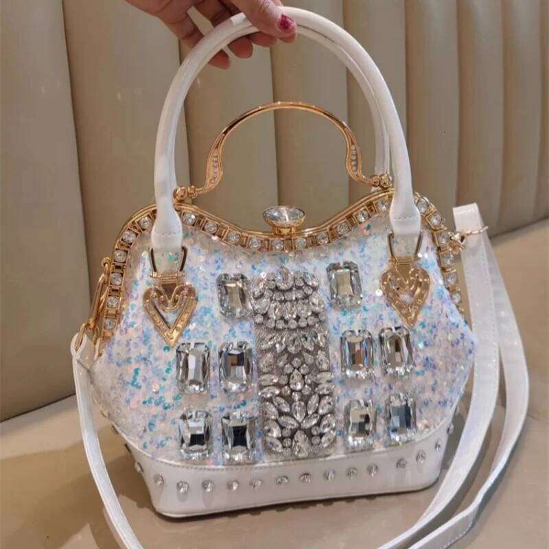 Designer Luxury Spring New Crystal Sequin Horizontal Large-Capacity Metal Button Handbag Banquet Dress One-Shoulder Cross-Body Women's Bag