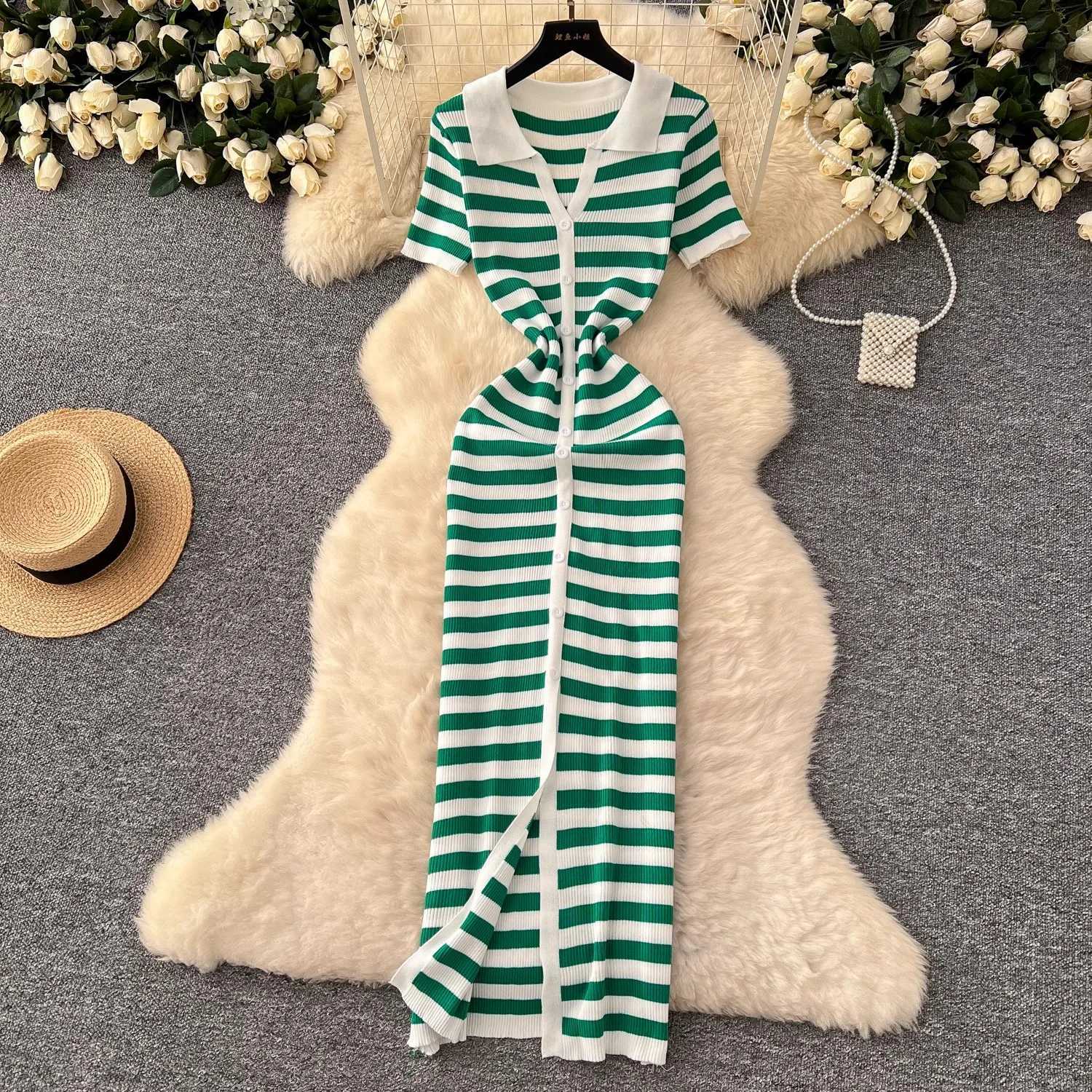 YuooMuoo Chic Fashion Sexy Wrap Hips Knitted Maxi Dress 2025 Summer Women Single-breasted Stripes Sweater Dress Streetwear Robes XJ250610