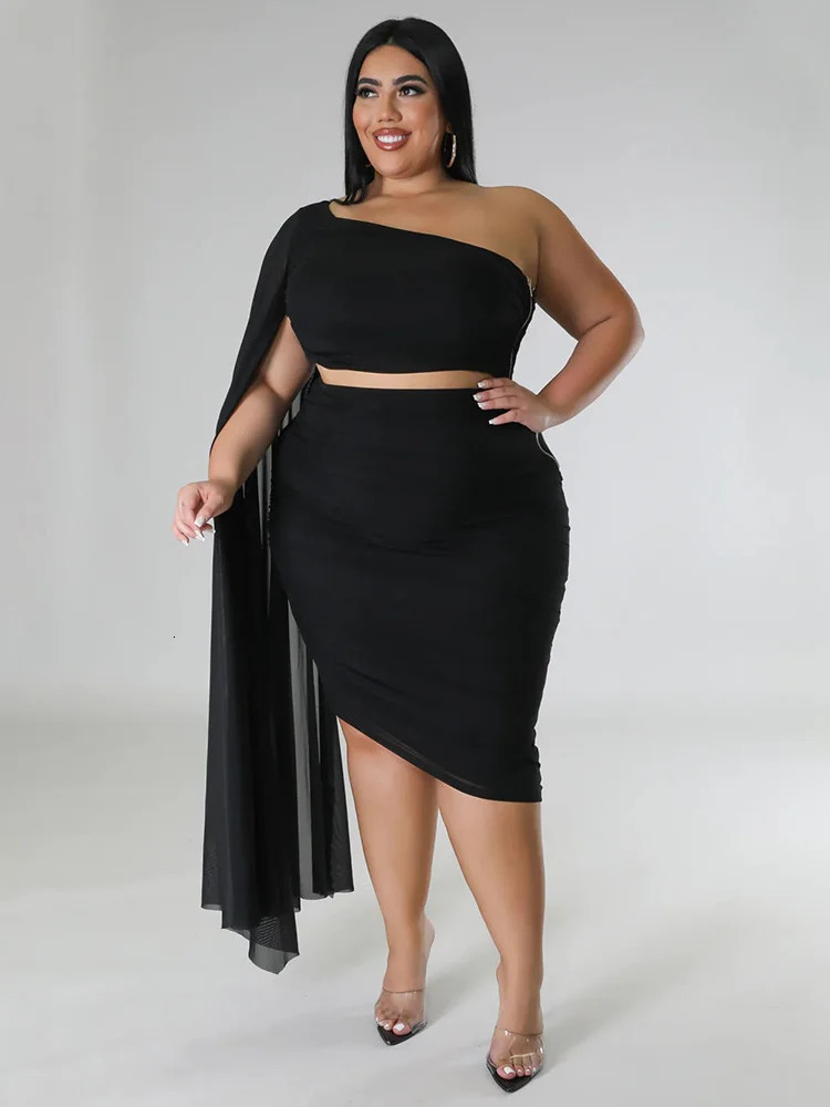 Wmstar Plus Size In Matching Sets Two Piece Outfits Summer Single Sleeve Crop Top and Skirts Sexy Wholesale Drop 250609