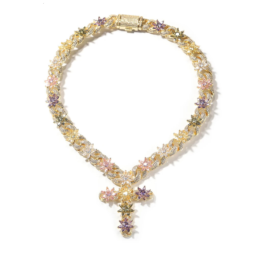 Uwin Colorful Flower Cuban Chain Full Paved Iced Out Bling Cubic Zirconia Cross Charms Baguette CZ Cuban Chain HipHop Jewelry 250609