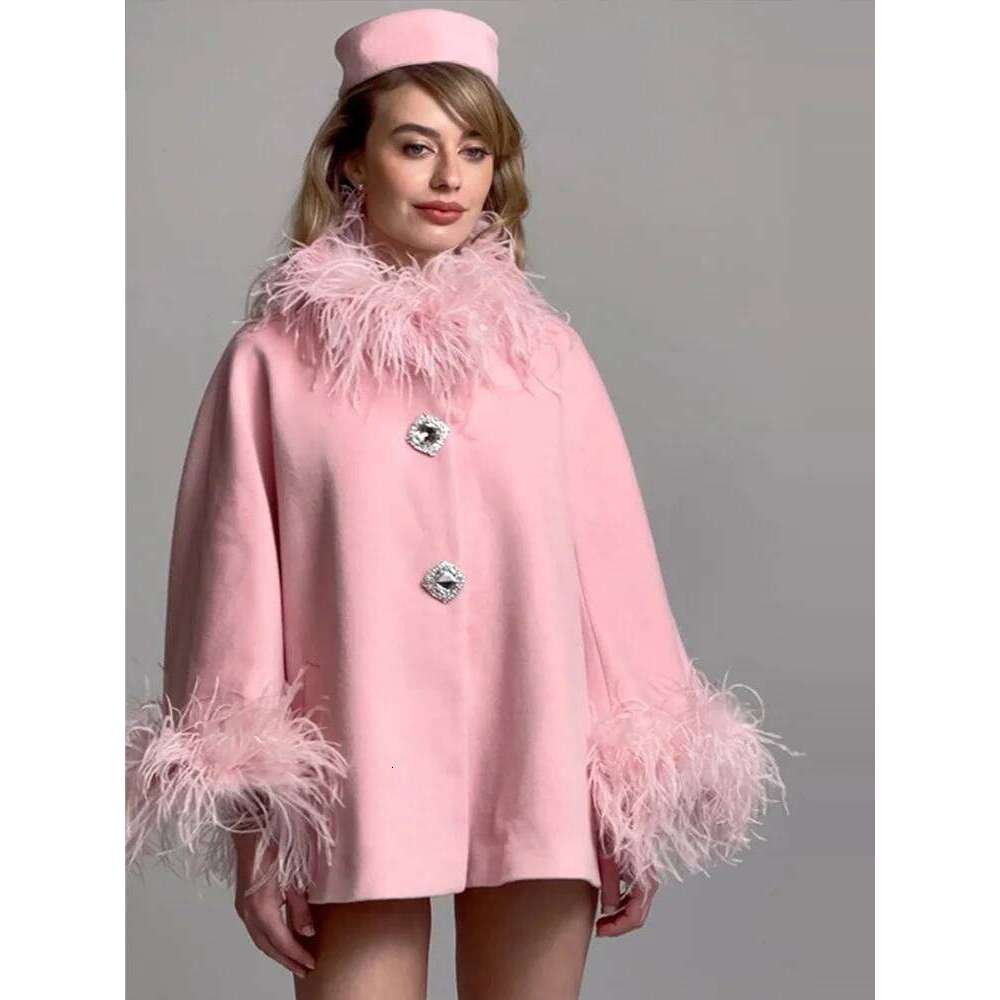 Elegant Feather Collar Cape Coats For Women Casual Solid Single Breasted Jackets Lady Autumn Chic Loose High Street Outwear Tops