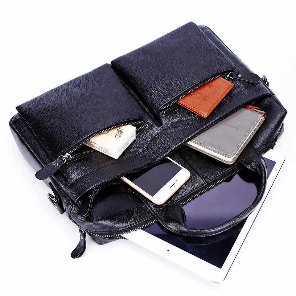 Black Men Genuine Leather Handbags Large Leather 14 Laptop Messenger Bags Business Mens Travel Bags Shoulder Bags Briefcase W250610
