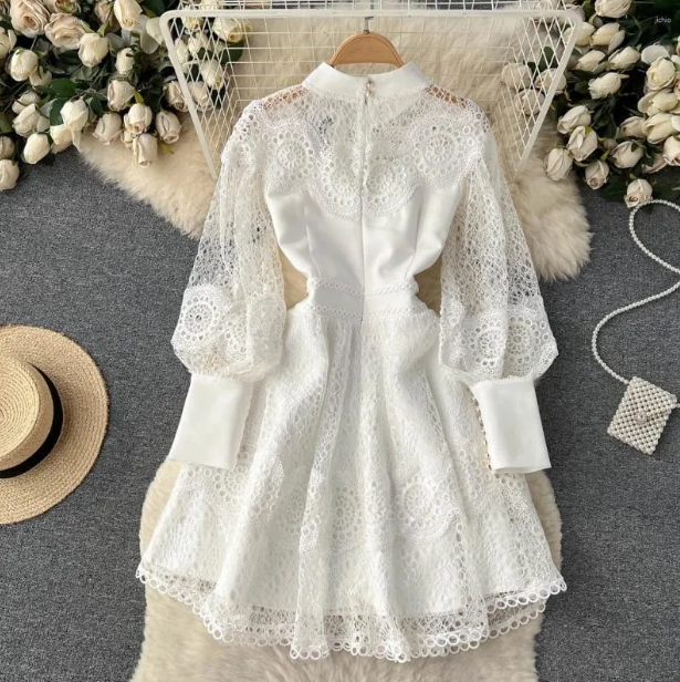 Summer Womens Casual Dresses Vintage Flower Embroidery Hollow Out Lace White Dress Womens Stand Collar Long Lantern Sleeve Pearls Buttons Party Vestid