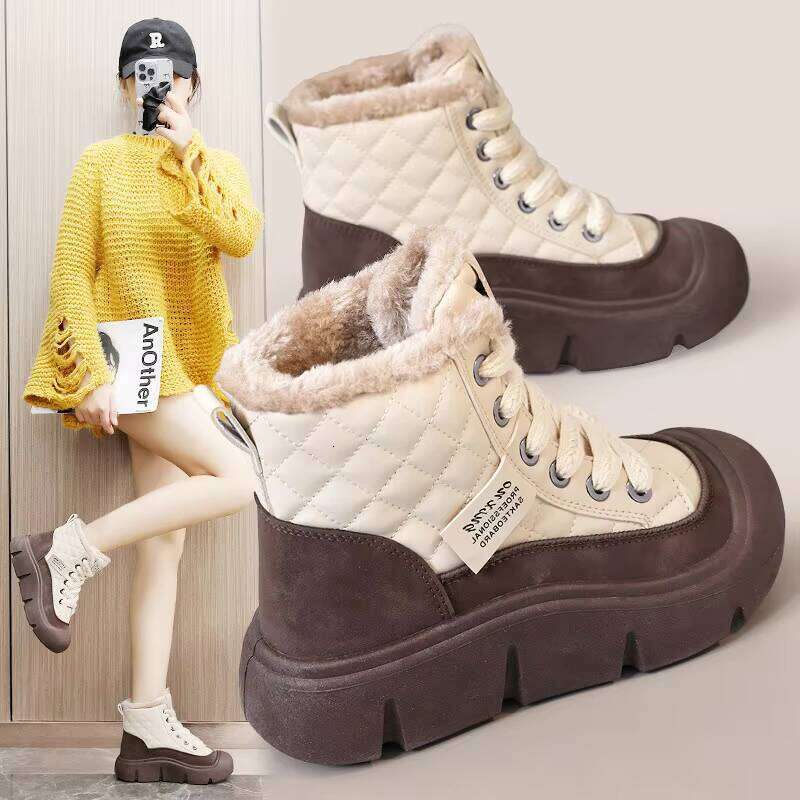 Trendy Lace-up Casual High Top Women Fleece Winter Shoes PU Leather Thick Sole Sneakers