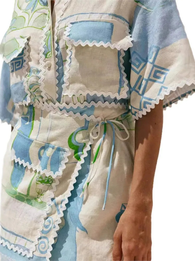 Fashion Printed Ruffle 2 Piece Set Women Summer Casual Patchwork Holiday Trendy Pocket Button Tops And Mini Skirt Two Piece Sets 250609