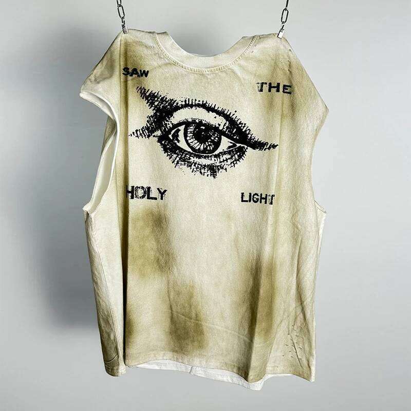Streetwear Vintage Washed Apricot Made Dirty Sleeveless T Shirt Tee Men Women Best Quality SAINT I Saw The Holy Light T-Shirt