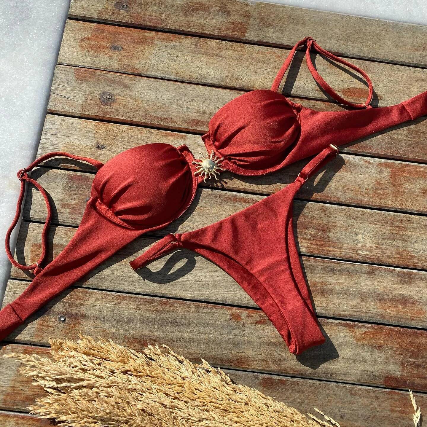 Push Up Bikini Sexy Women Swimsuit 2025 Solid Red Swimwear Brazilian Biquini Female High Leg Swimming Suit Bodysuit Beachwear