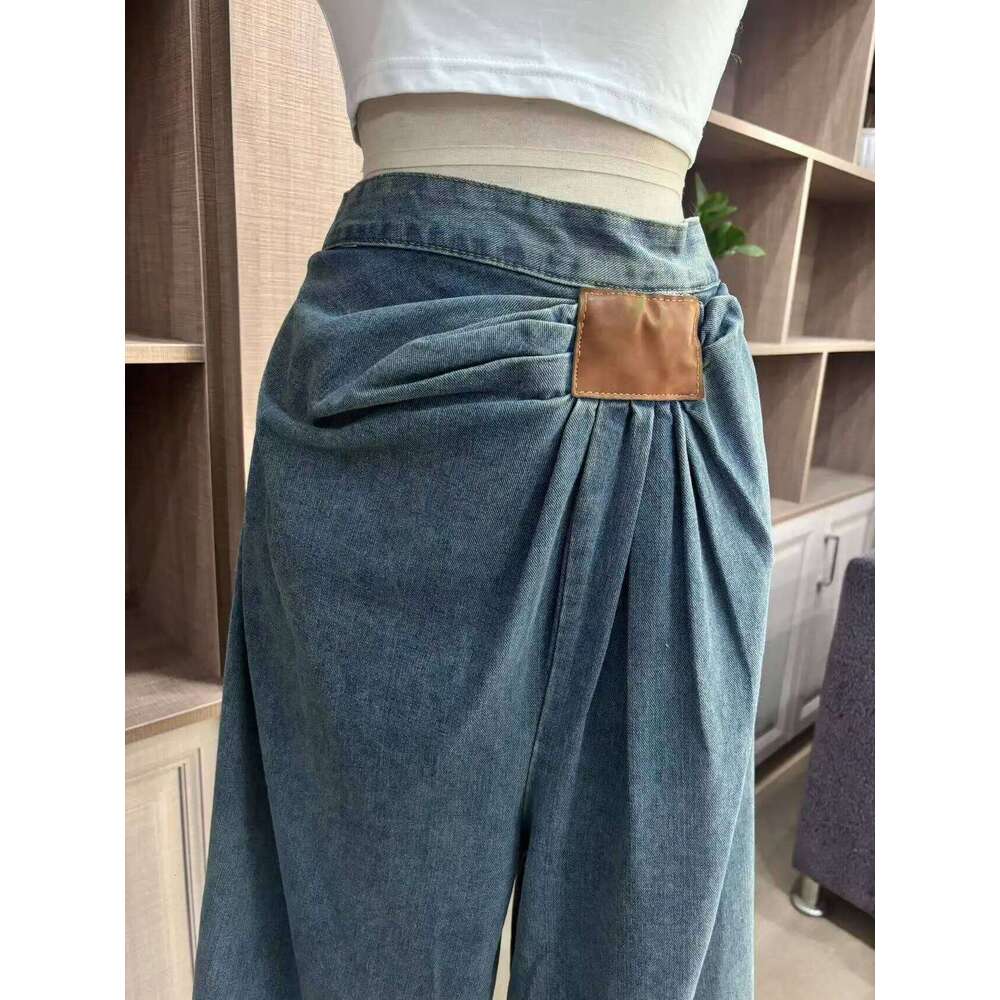 American Wide Leg Denim For Women In Spring And Autumn, Fashionable Pleated Design, Loose Floor Length Pants
