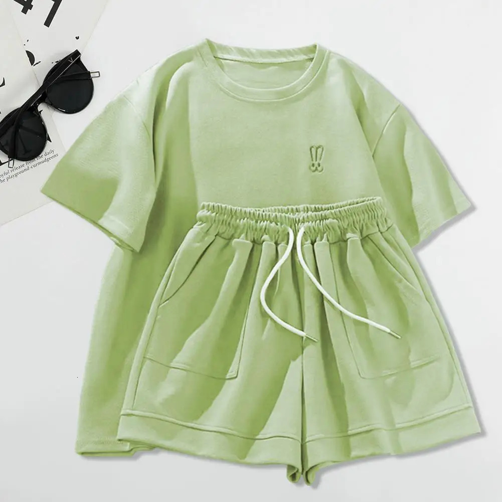 Women Suit Versatile Womens Tracksuit Set Stylish Round Neck T-shirt Elastic Waist Shorts Suit for Outfit 2 Pcs/set Lady 250609