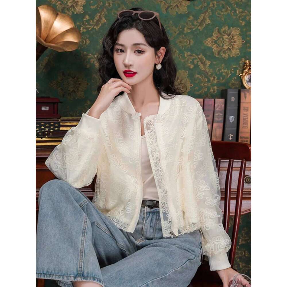 Fashion Embroidered Sunscreen Short Coat Women 2025 Spring Summer New Lace Mesh Jacket