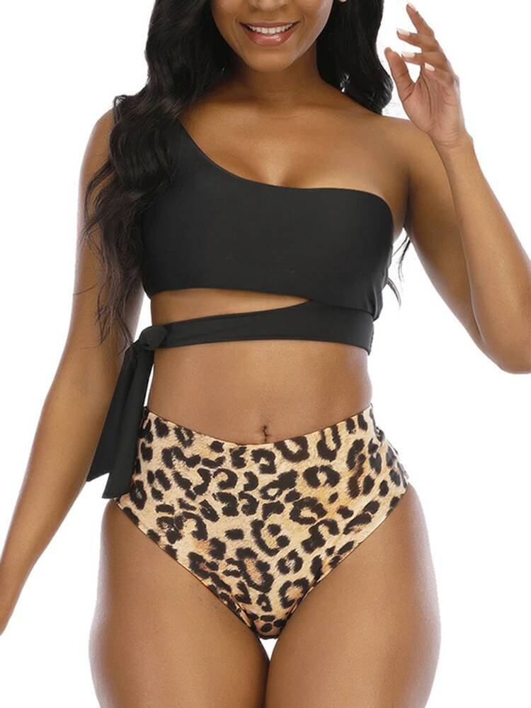 Bikini Swimwear Women Swimsuit 2025 New One Shoulder Leopard Bikinis Set High Waist Bathing Suit Summer Push Up Beach 2 Pieces