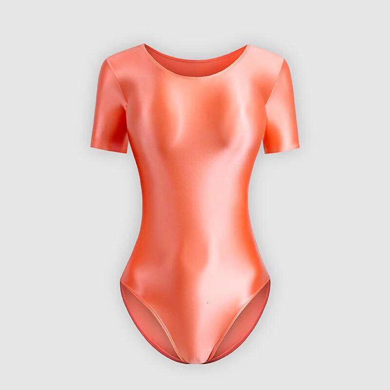 sexy women silky glossy one-piece japanese swimsuit oily tights shapewear Shiny short sleeve bodysuit Men's bathing suits