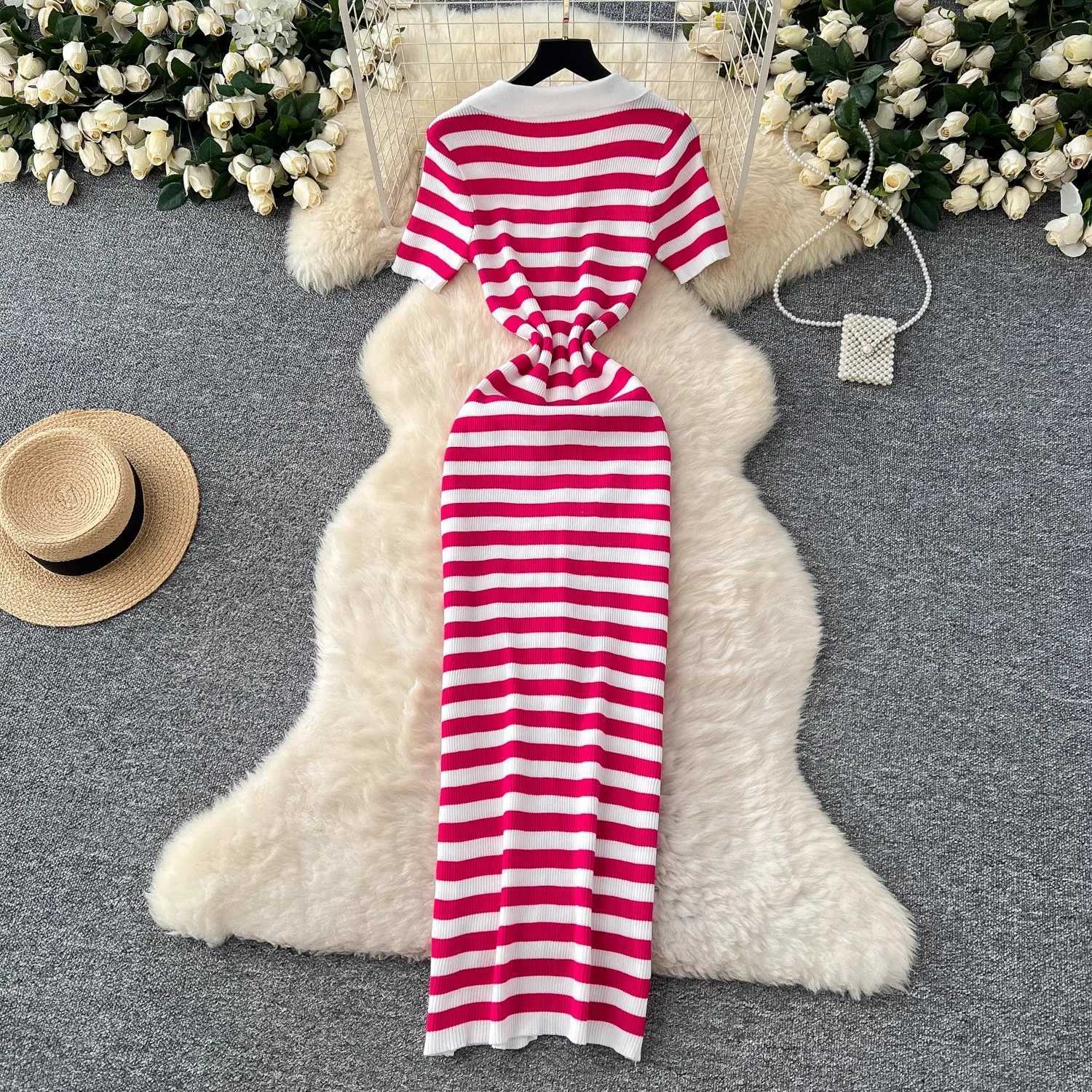 YuooMuoo Chic Fashion Sexy Wrap Hips Knitted Maxi Dress 2025 Summer Women Single-breasted Stripes Sweater Dress Streetwear Robes XJ250610