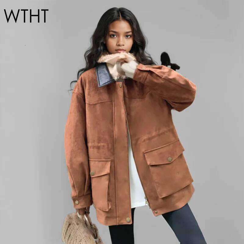 WTHT Trendy Vintage Women's Waist-slimming Suede Fabric Loose Coat 2024 Winter Turn-down Collar Long Sleeve Jacket Female 1LS609