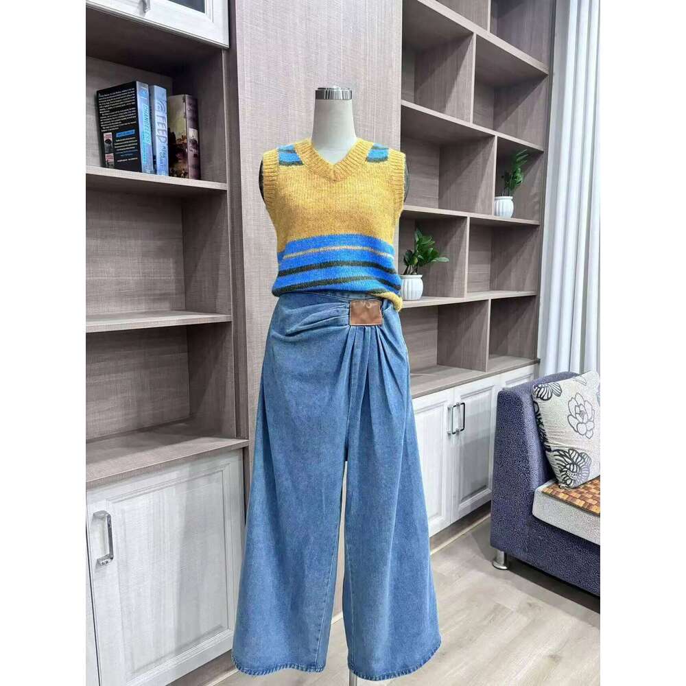 American Wide Leg Denim For Women In Spring And Autumn, Fashionable Pleated Design, Loose Floor Length Pants