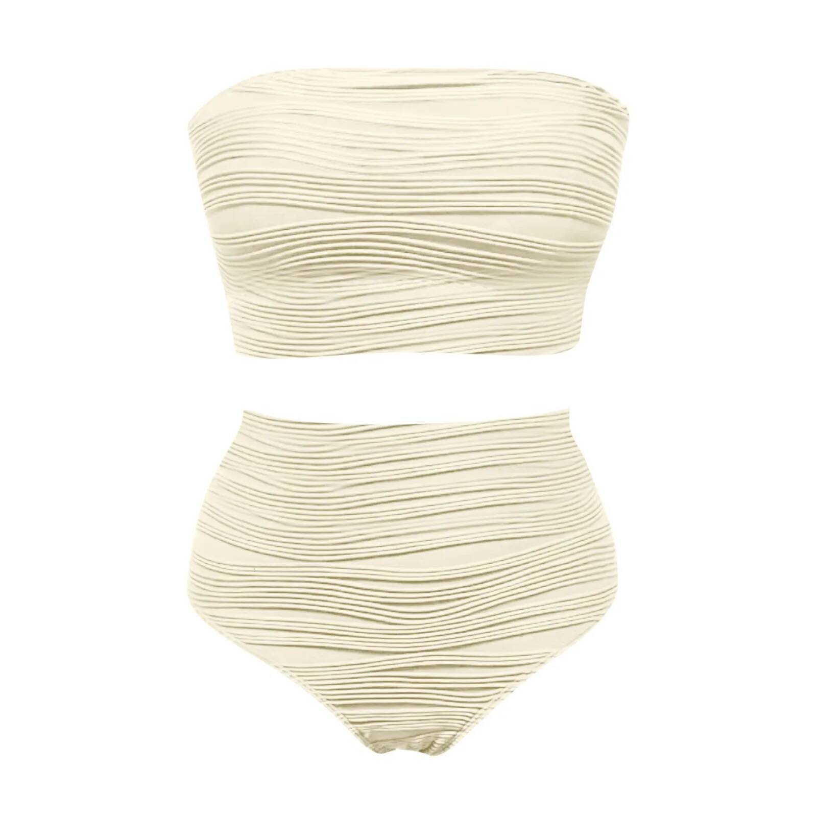 Strapless Solid Tankinis Set Ribbed Beachwear High Waist Bikini Swimsuits Bather Bathing Swimwear Women 2025