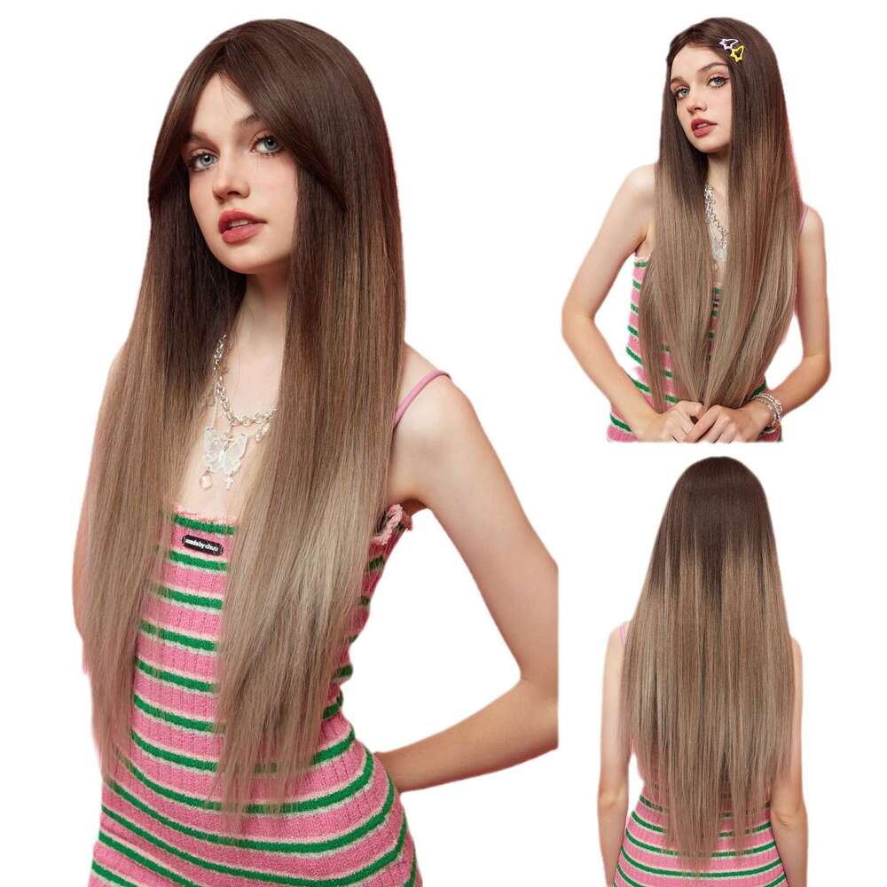 2024 New Product Bangs Champagne Brown Long Straight Elegant Goddess Wig Full Head Hairstyle Hair
