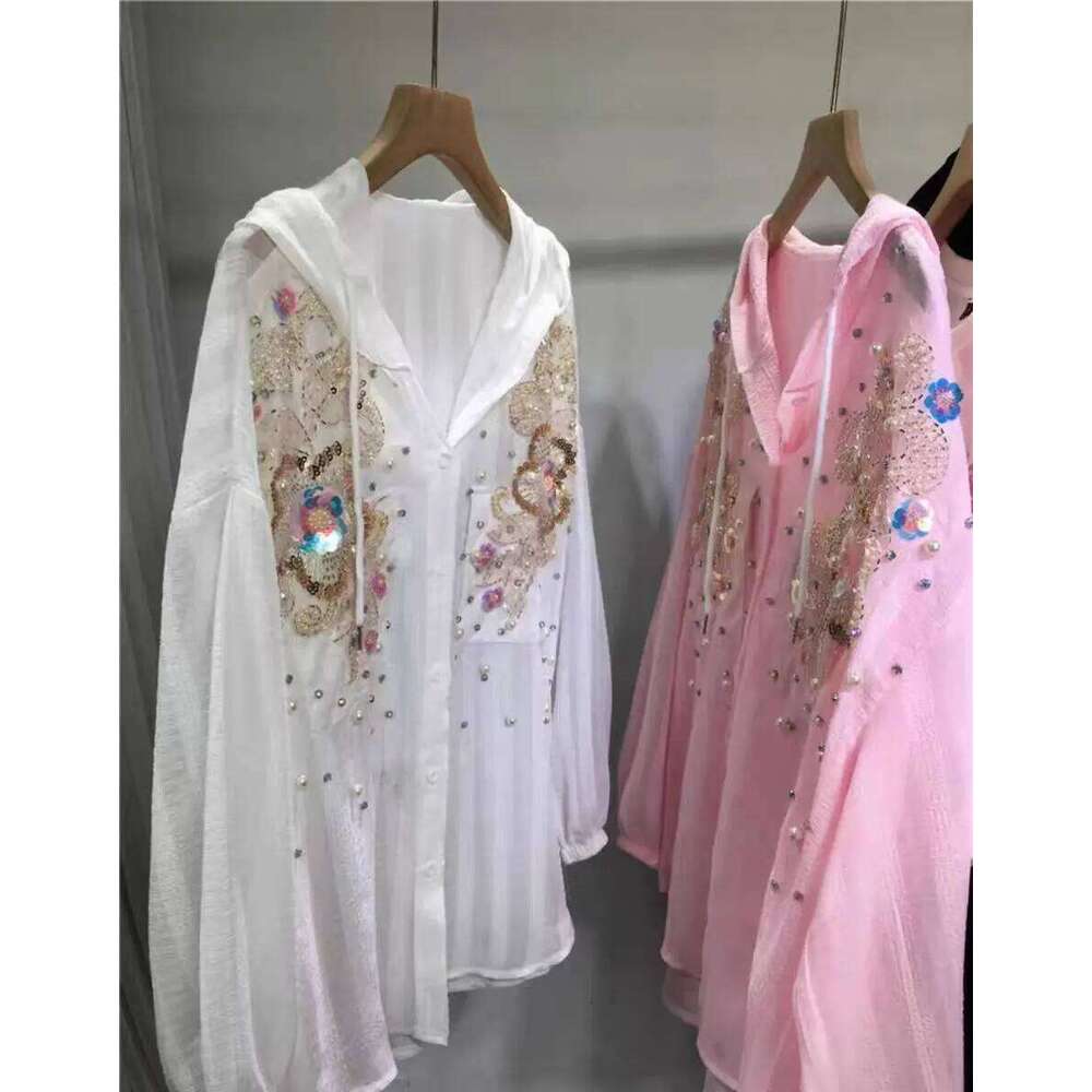 New 2025 Sparkle Pearls Sequins Oversize Buttons Up Hooded Sunscreen Shirts Blouses For Women Long Sleeve Tops