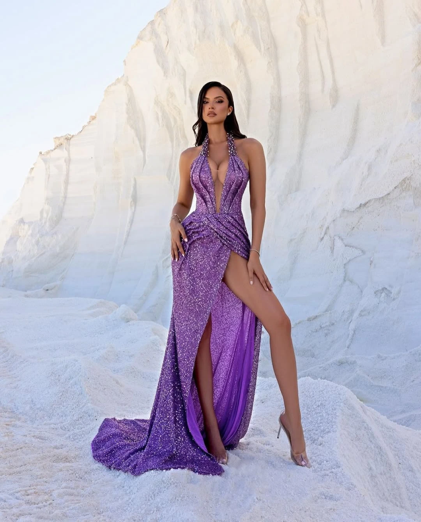 Sexy Mermaid Evening Dress V Neck Prom Gowns Sequins Beads Appliques 3D-Lace Prom Dress vestidos de festa Special Occasion Dresses Plus Size Customize