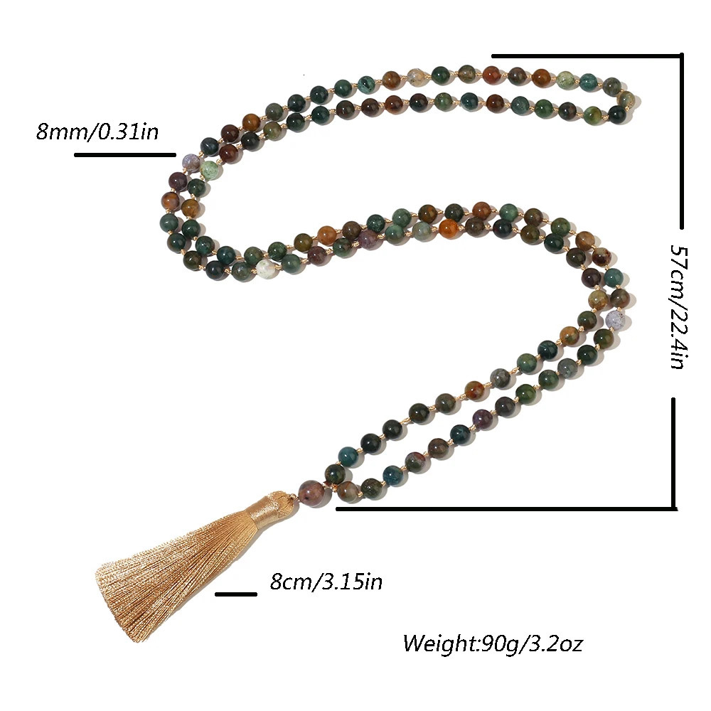 6mm/8mm Indian Agate 108 Mala Beaded Necklace Meditation Prayer Rosary with Tassel Pendant for Men and Women 250604
