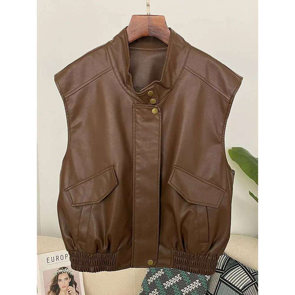 Leatherette Sleeveless New Fashion Vintage Black Vest Simple O-Neck Single Breasted Tank Faux Leather 2025 Spring Women