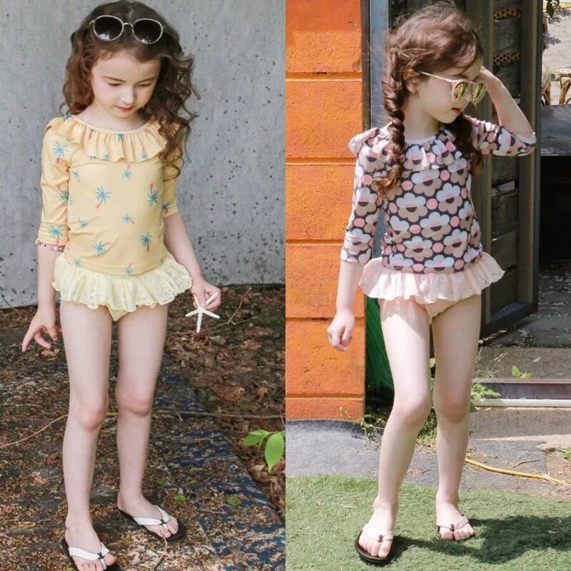 Korean Long Sleeved Sunscreen Swimsuit for Girls Cute Baby Split Swimwear Bikini Beach Bathing Suit Swimming Clothes