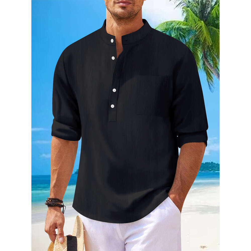 Autumn New Men's Solid Color Casual Cotton Linen Stand Collar Long Sleeve Shirt B5